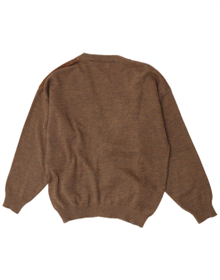 Vintage hombres ante cardigan suéter grande marrón lana geométrica