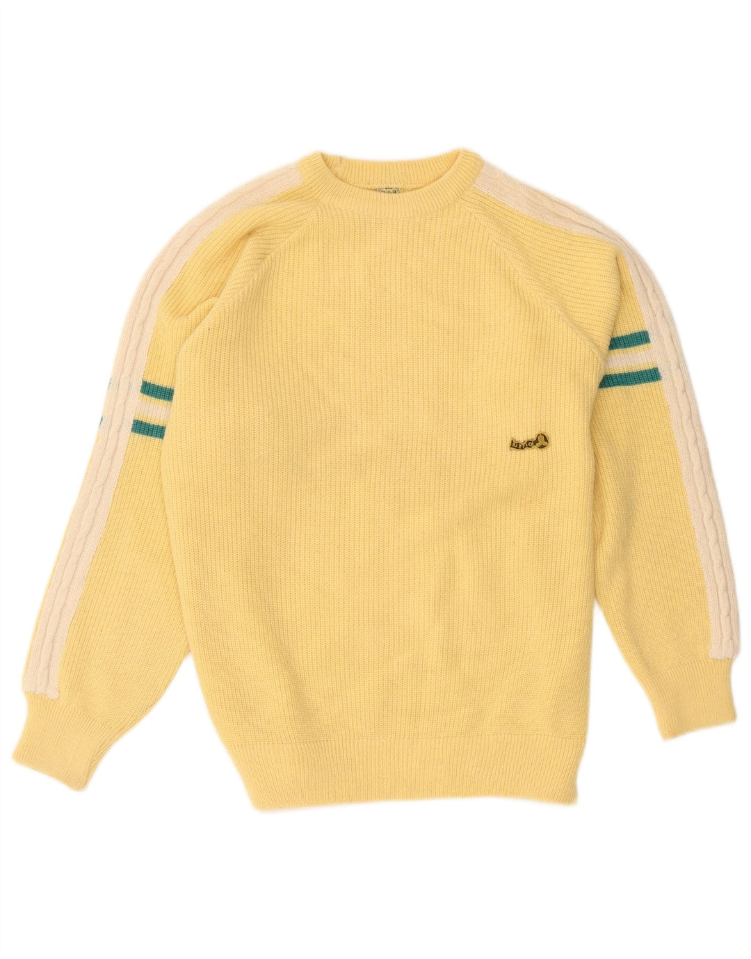 Vintage hombres cuello redondo jersey suéter grande amarillo colorblock