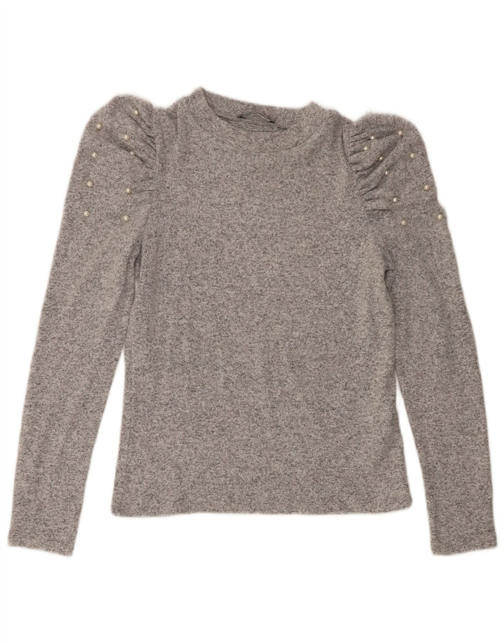 Zara Mujer Top Manga Larga UK 42 Viscosa Moteada Gris Medio