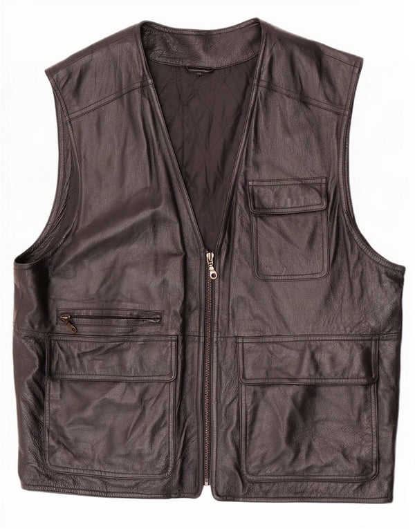 Vintage hombres cuero utilitario gilet IT 52 XL negro