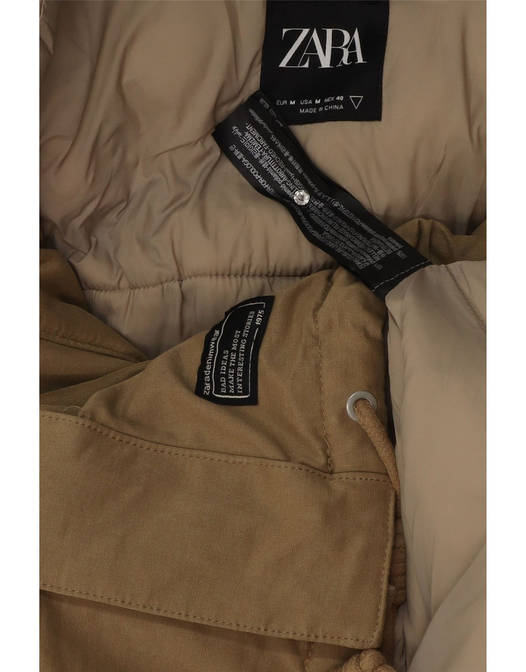 Zara Hombre Chaqueta Acolchada Suelta Con Capucha UK 38 Poliéster Beige Medio