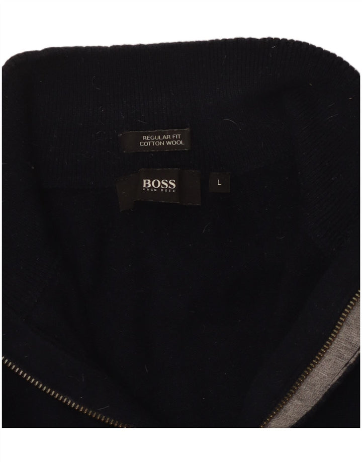 HUGO BOSS Jersey de corte regular con cuello y cremallera para hombre, talla grande, algodón azul marino