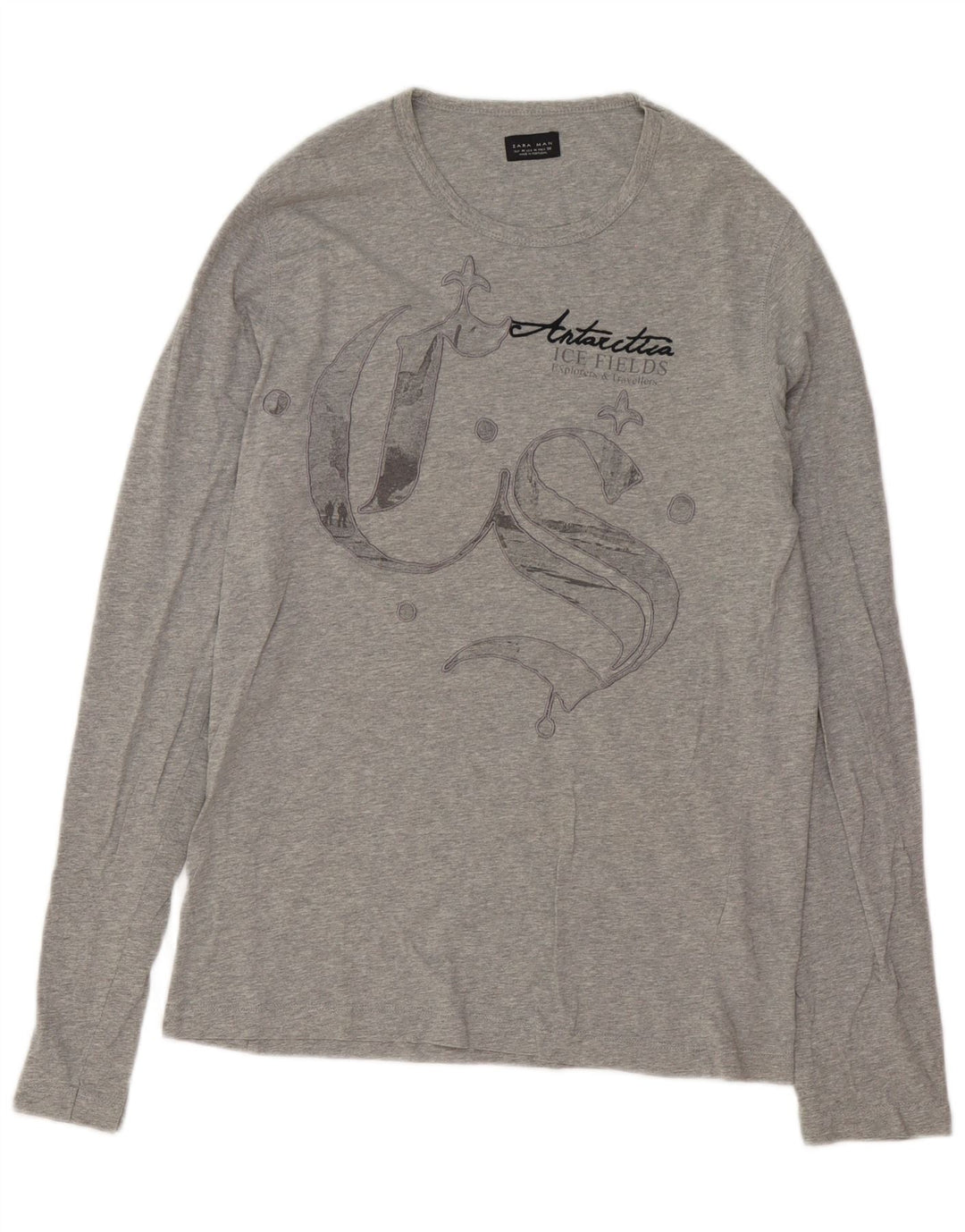 Zara Hombre Top Gráfico Manga Larga Algodón Gris Medio