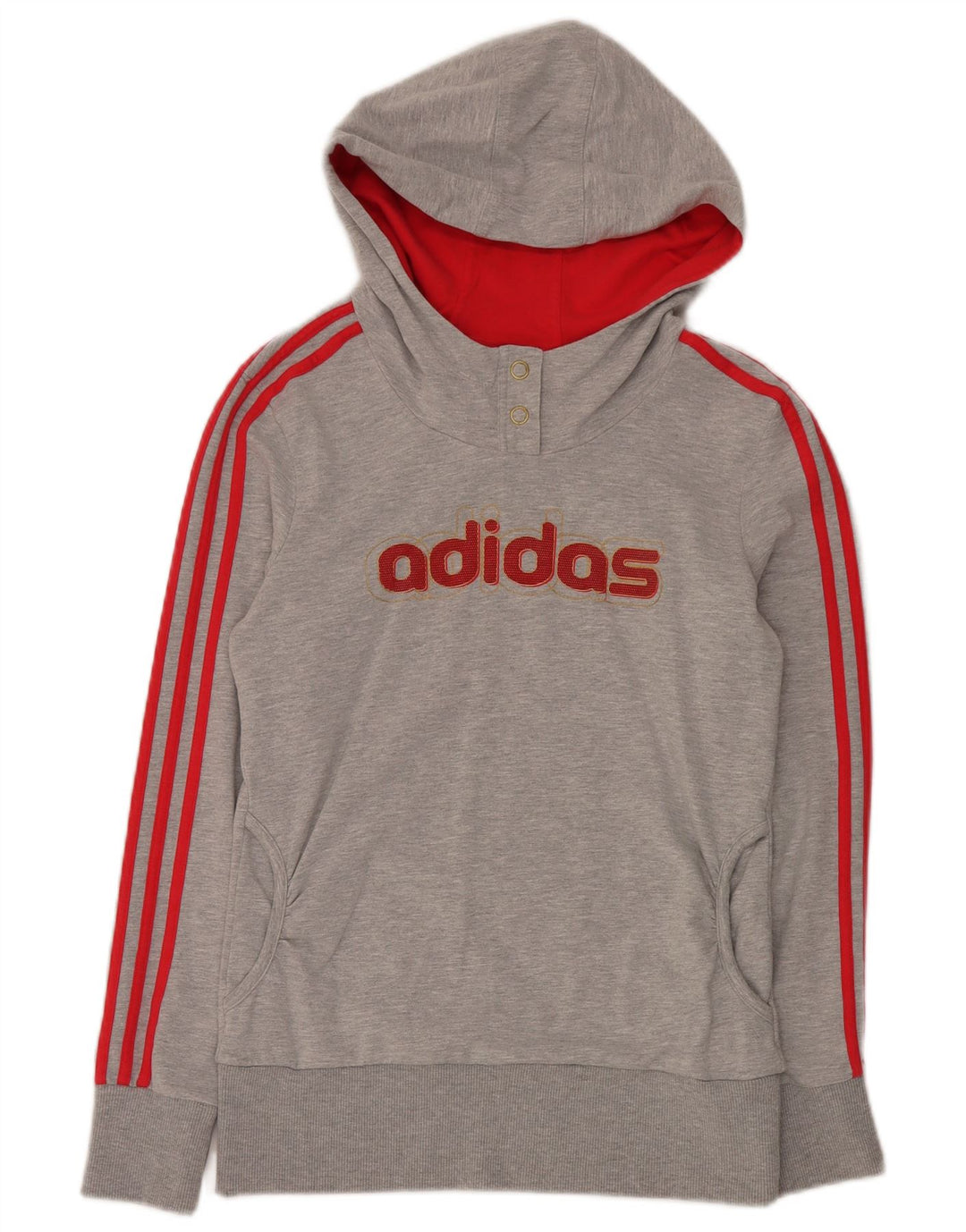 Adidas - Sudadera con capucha para mujer, diseño gráfico con botones, cuello UK 12, algodón gris medio