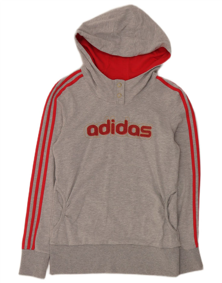 Adidas - Sudadera con capucha para mujer, diseño gráfico con botones, cuello UK 12, algodón gris medio