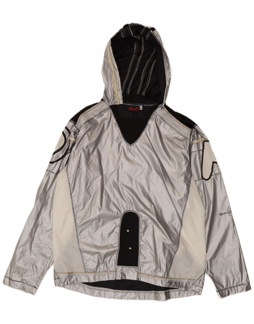 Vintage hombres gráfico pullover chaqueta de lluvia Reino Unido 38 bloque de color plateado medio