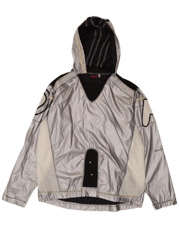 Vintage hombres gráfico pullover chaqueta de lluvia Reino Unido 38 bloque de color plateado medio