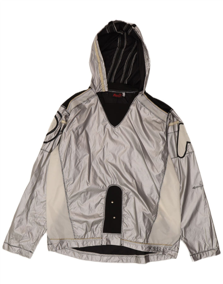 Vintage hombres gráfico pullover chaqueta de lluvia Reino Unido 38 bloque de color plateado medio
