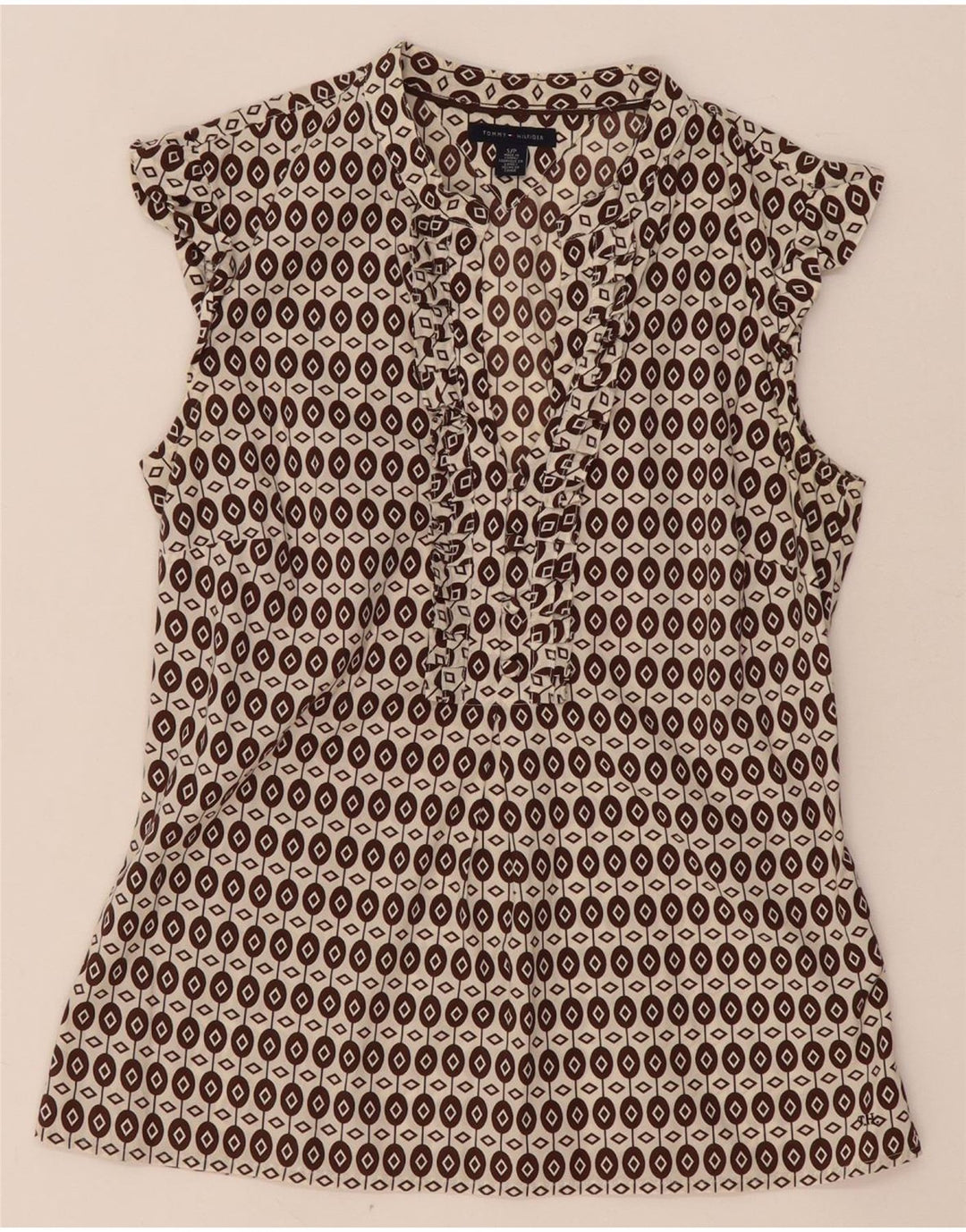 Tommy Hilfiger Blusa con volantes en la parte delantera para mujer UK 10 Small Brown Geométrico