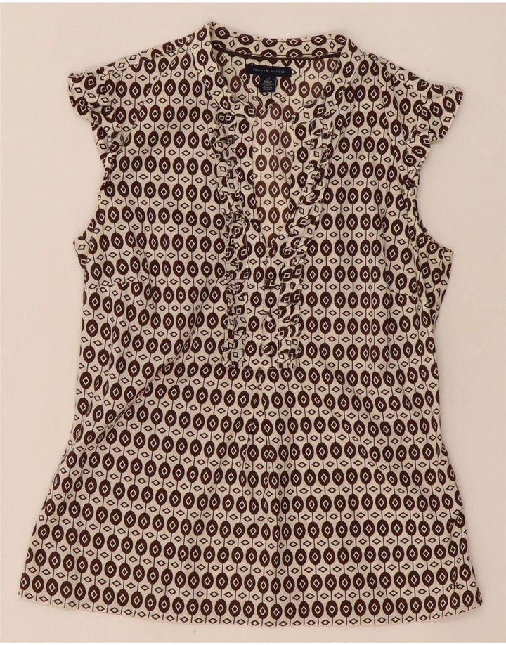 Tommy Hilfiger Blusa con volantes en la parte delantera para mujer UK 10 Small Brown Geométrico