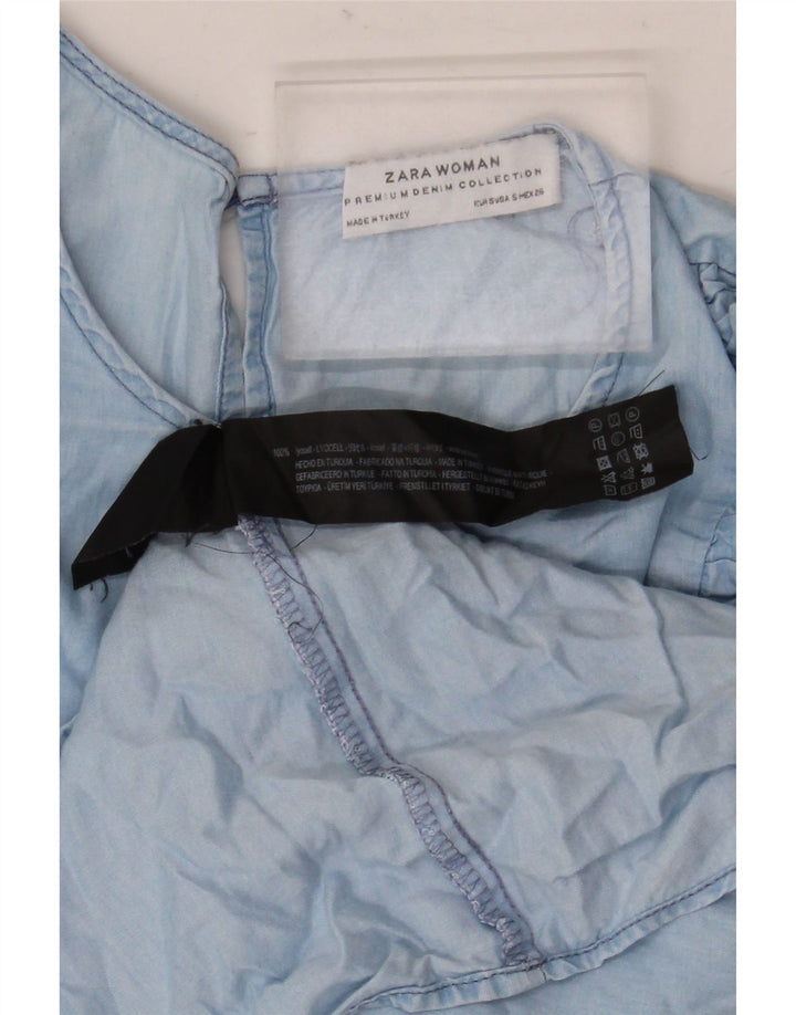 Zara Blusa de manga 3/4 con volantes en la parte delantera para mujer UK 10 Small Blue Lyocell