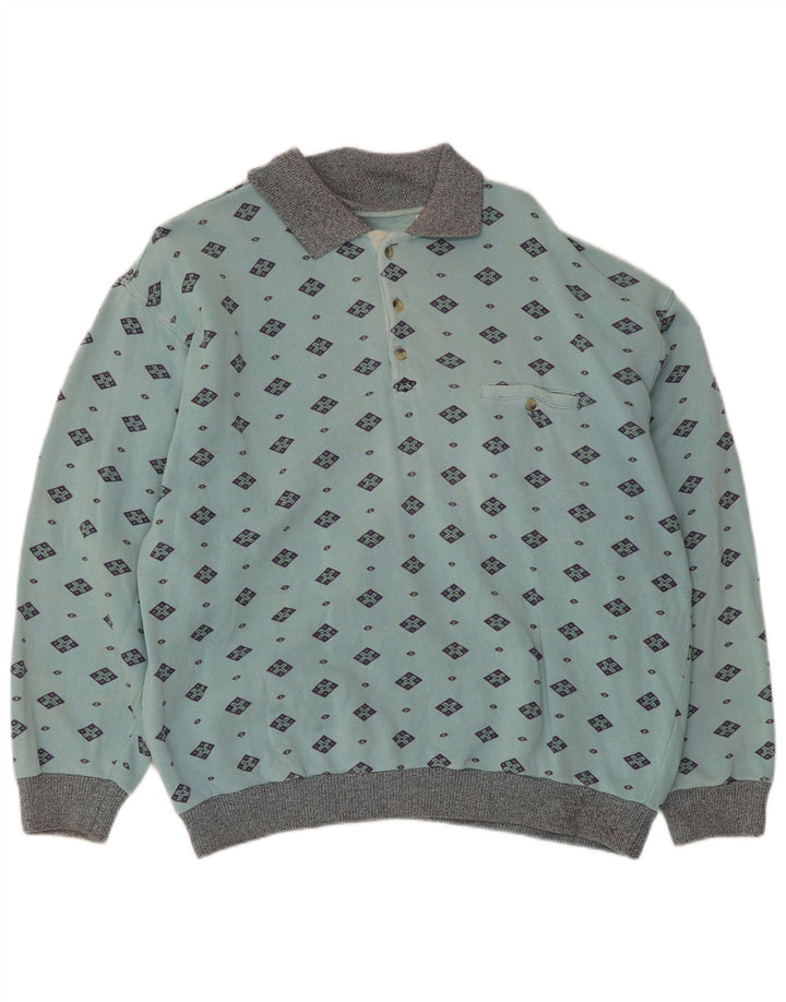 Vintage hombres polo cuello sudadera jersey azul medio algodón geométrico