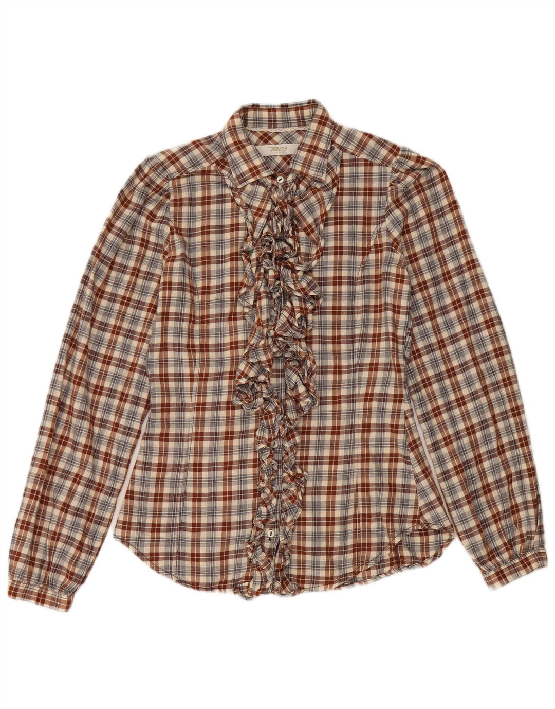 Marlboro Classics Camisa delantera con volantes para mujer IT 38 XS Algodón a cuadros marrón