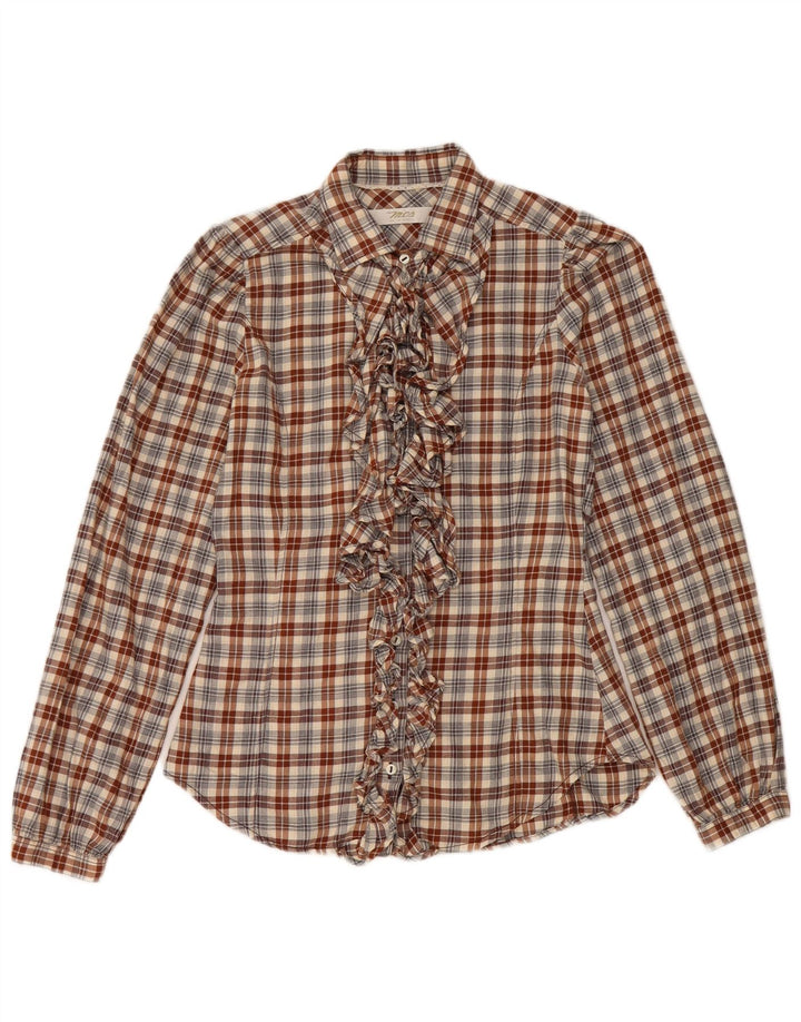 Marlboro Classics Camisa delantera con volantes para mujer IT 38 XS Algodón a cuadros marrón