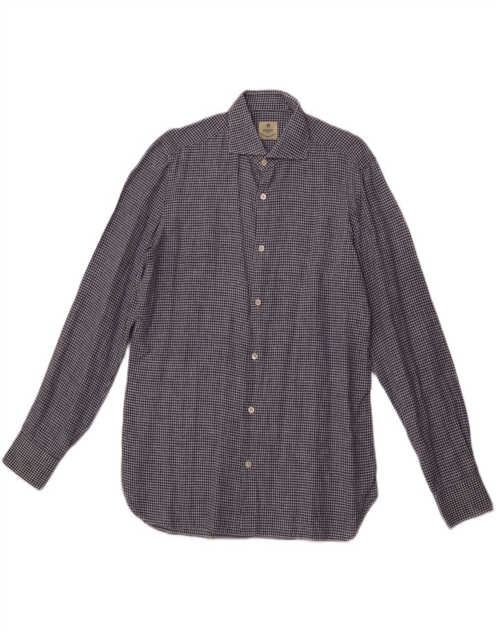 BORRELLI Camisa para hombre Talla 40 15 3/4 Algodón a cuadros azul medio