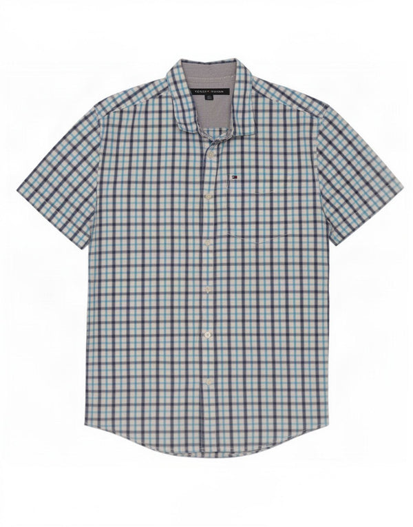 Tommy Hilfiger Camisa de manga corta para hombre de algodón a cuadros azules grandes