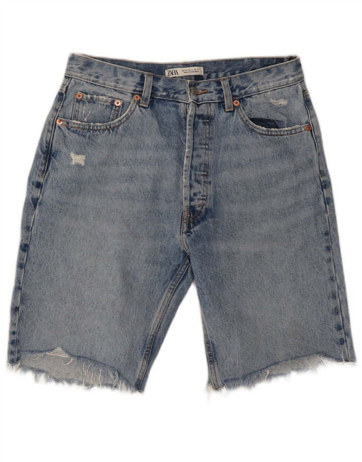 ZARA Hombre Shorts Denim Desgastados W31 Algodón Azul Medio