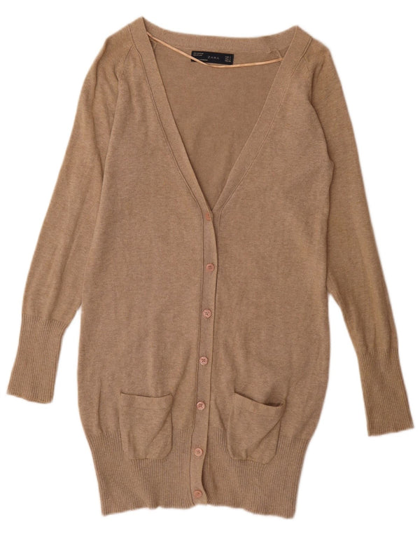 Zara Mujer Longline Cardigan Suéter UK 10 Small Beige Algodón