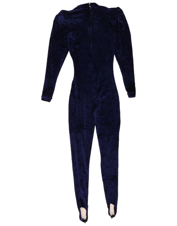 Vintage mujer Velour estribo mono Reino Unido 6 XS azul marino poliamida