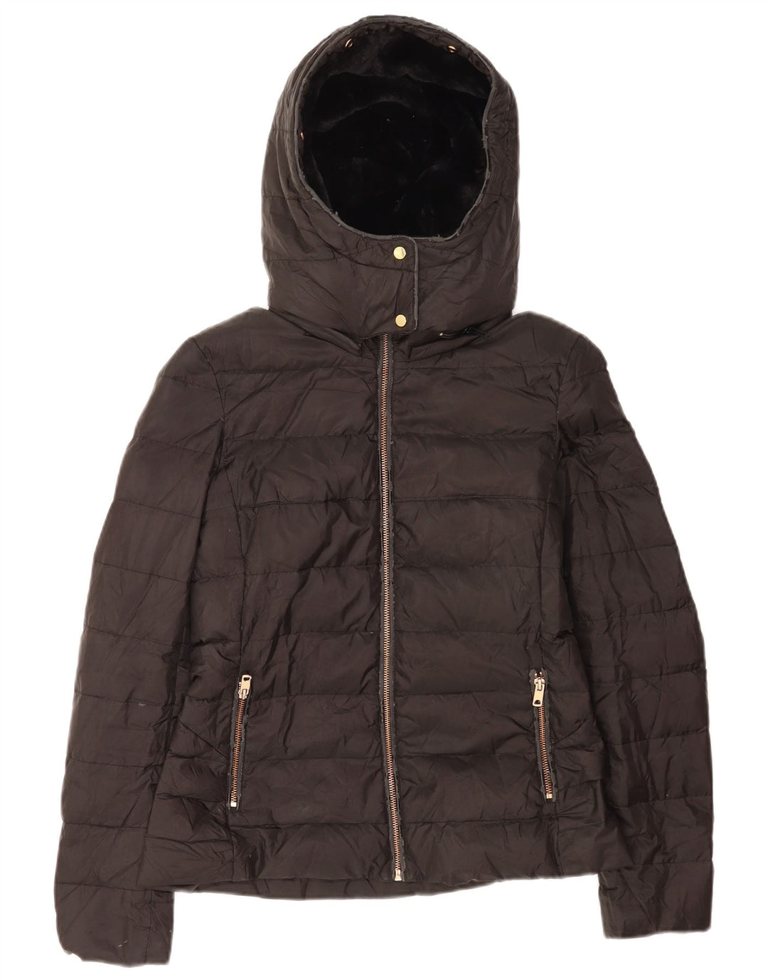 Zara Mujer Chaqueta Acolchada Sherpa Con Capucha UK 40 Small Poliéster Negro