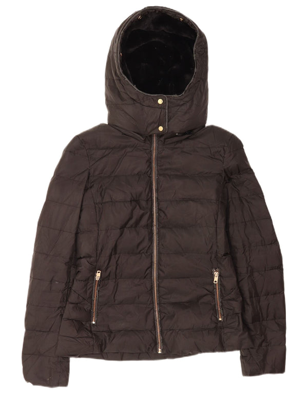 Zara Mujer Chaqueta Acolchada Sherpa Con Capucha UK 40 Small Poliéster Negro