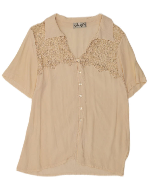 Vintage mujer camisa de manga corta blusa Reino Unido 20 2XL seda beige