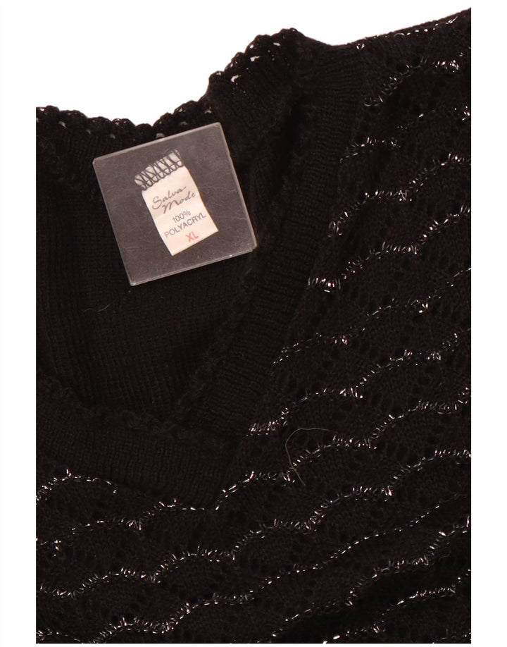 VINTAGE Jersey de manga corta con cuello en V para mujer UK 18 XL Rayas negras