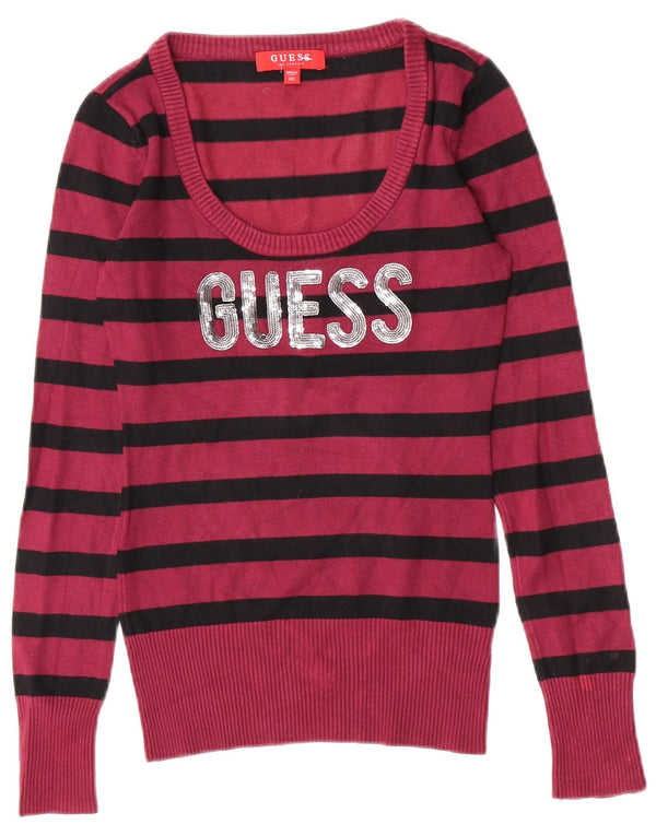 Guess Suéter gráfico con cuello barco para mujer UK 4 XS Borgoña rayas