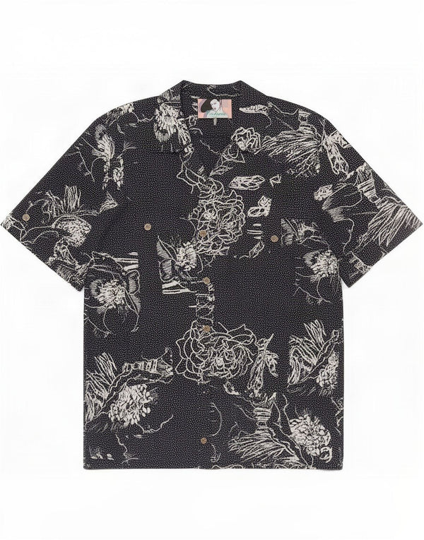 Vintage mujer camisa de manga corta Reino Unido 16 grande azul marino floral