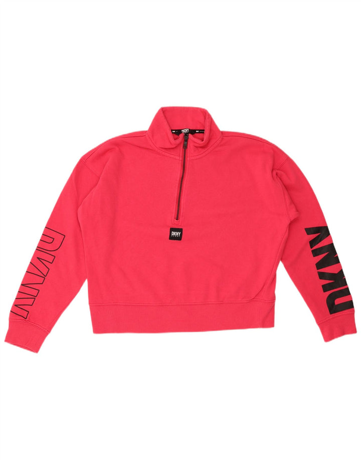 DKNY Sudadera con cuello con cremallera y gráfico extragrande para mujer UK 10 Small Pink