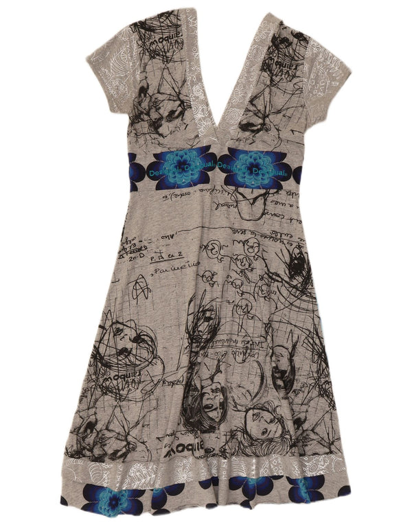 Desigual Vestido Gráfico A-Line para Mujer UK 40 Algodón Floral Gris Medio