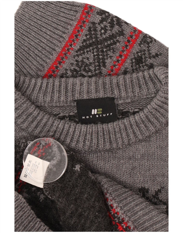 Hot Stuff Jersey de cuello redondo para hombre, talla grande, lana gris Fair Isle
