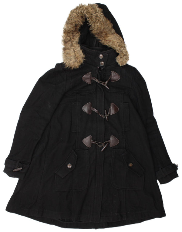 Vintage mujer con capucha Duffle abrigo Reino Unido 10 pequeña lana negra