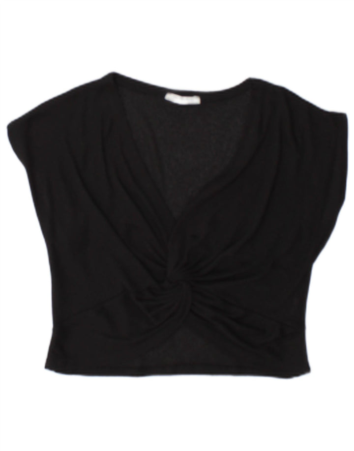 Zara Mujer Crop Blusa Top UK 10 Small Poliéster Negro