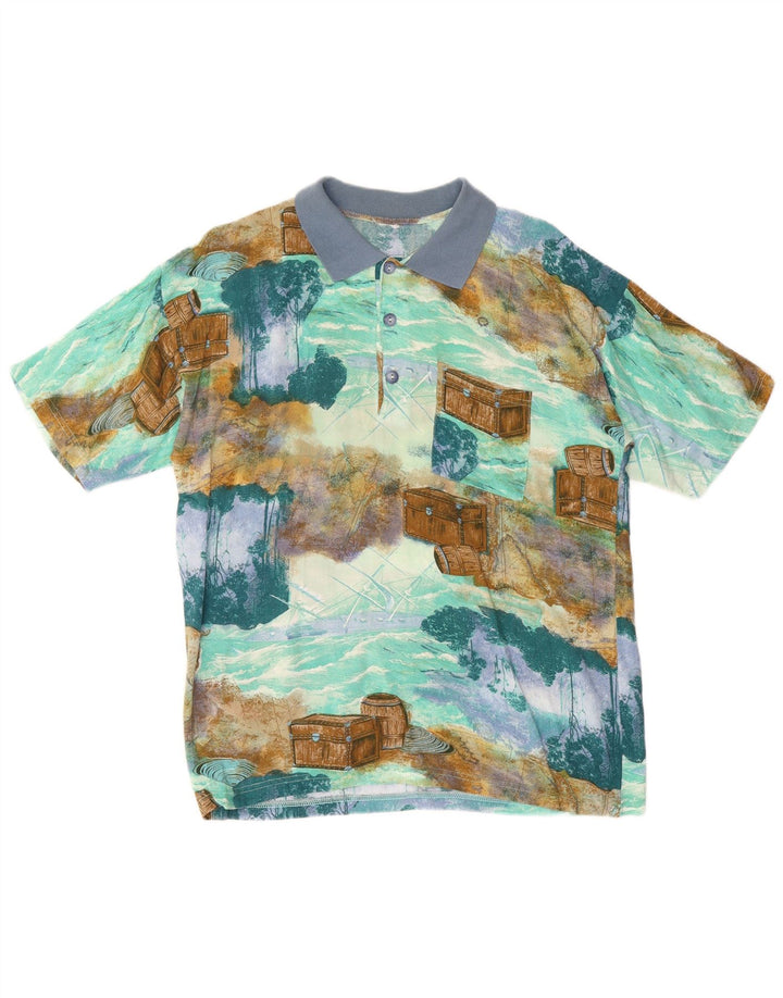 Polo vintage con estampado abstracto para hombre, color azul medio