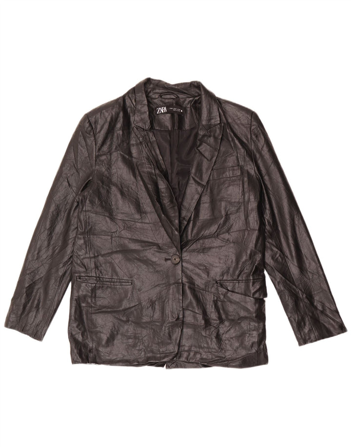 Zara Chaqueta Blazer De Piel Sintética Con 1 Botón Para Mujer UK 44 Medium Black