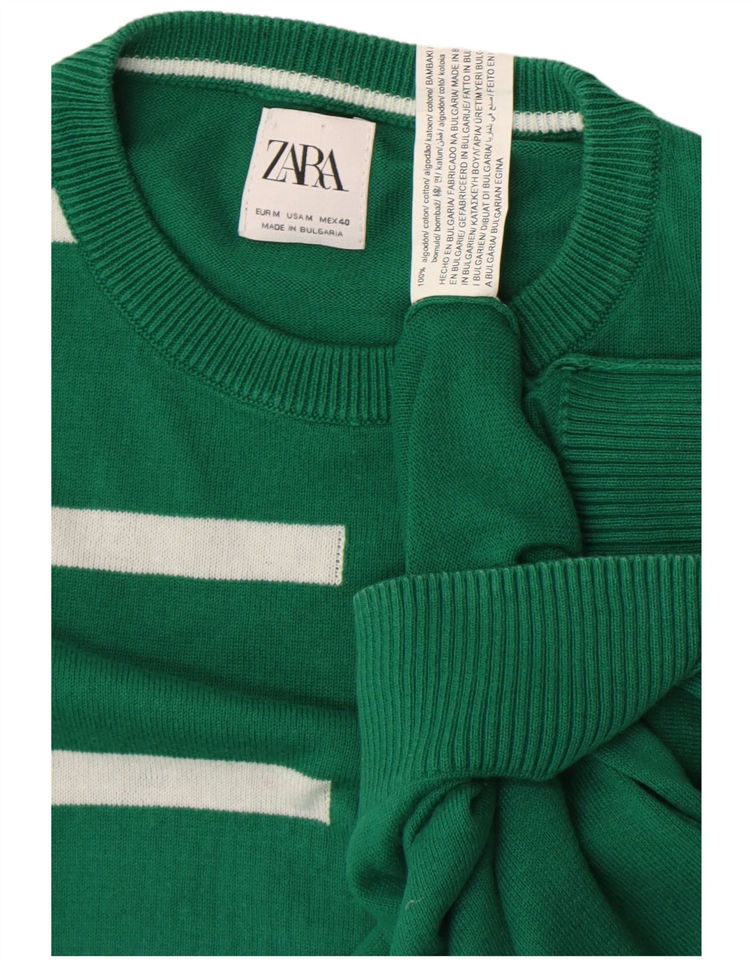 Zara Hombre Jersey Cuello Redondo Algodón Rayas Verde Medio