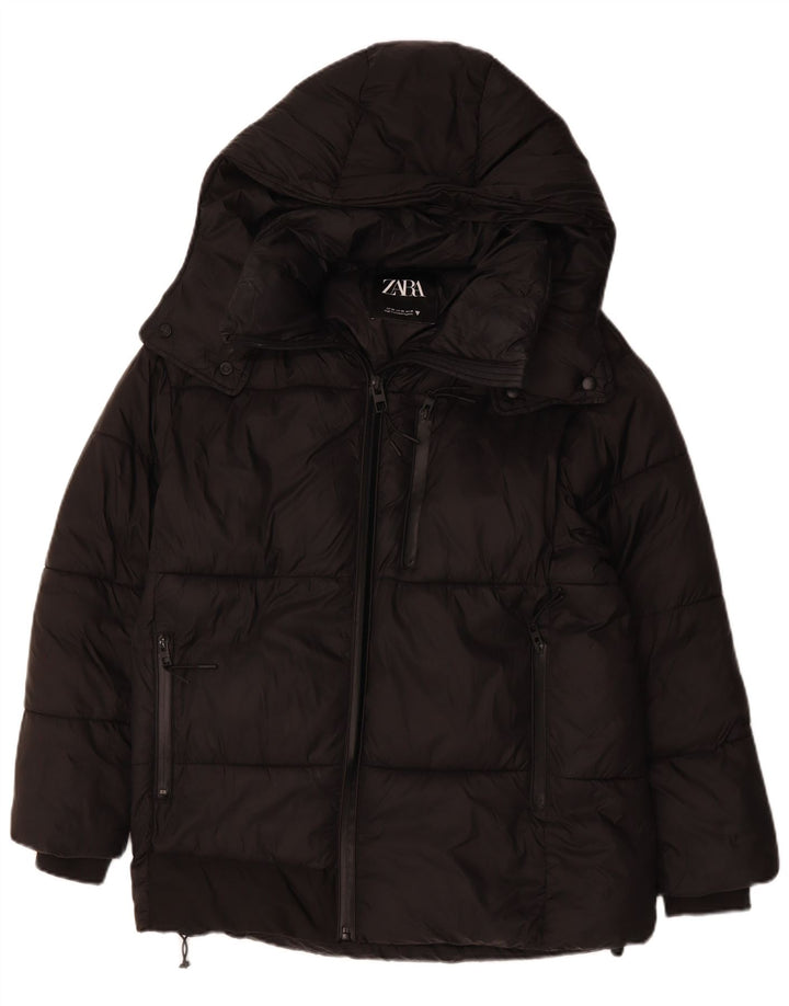 ZARA Mujer Chaqueta Acolchada Extragrande Con Capucha UK 6 XS Poliéster Negro
