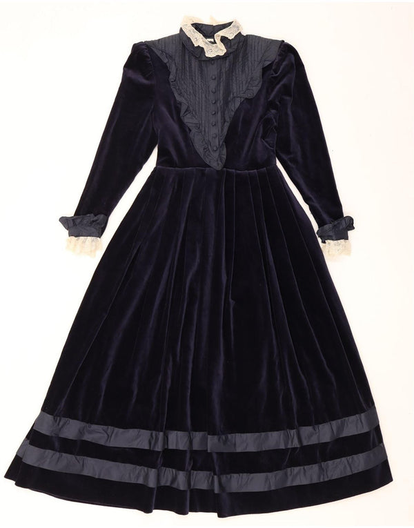 Vintage mujer manga larga terciopelo Maxi vestido Reino Unido 8 pequeño azul marino floral
