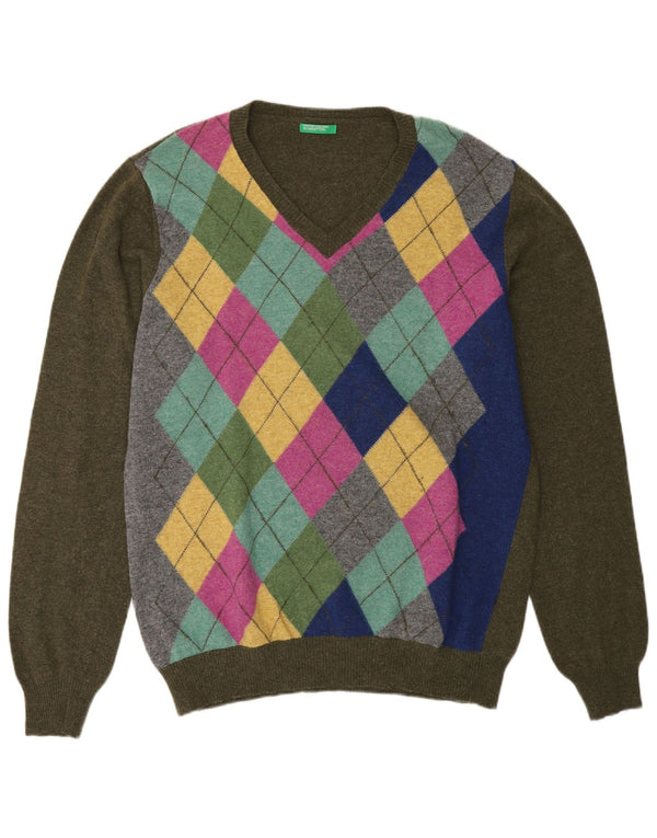 Benetton Jersey Con Cuello En V Mujer ES 40 XL Caqui Argyle/Lana Diamante