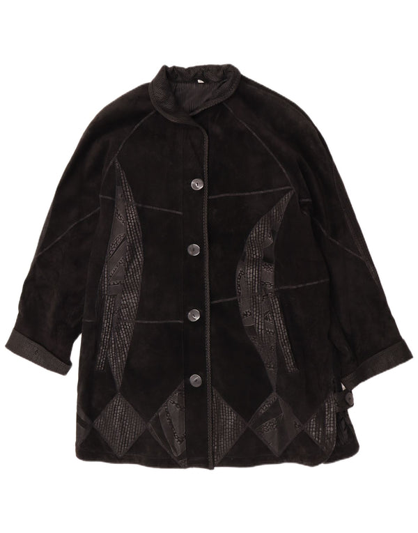 Vintage mujer ante abrigo de gran tamaño EU 42 cuero geométrico negro grande