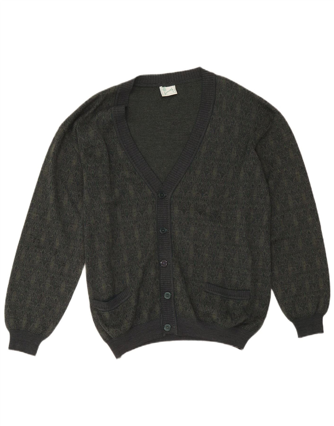 Vintage hombres Cardigan suéter grande caqui lana geométrica