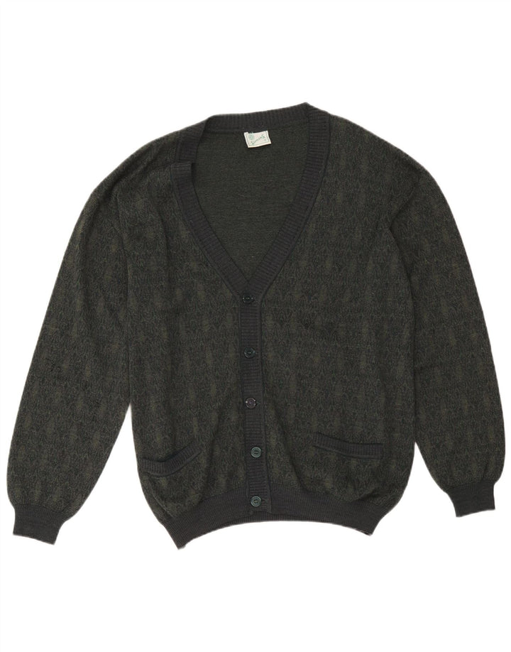 Vintage hombres Cardigan suéter grande caqui lana geométrica