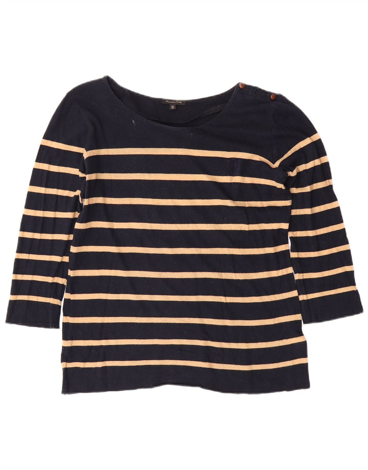 MASSIMO DUTTI Womens Top 3/4 Sleeve UK 12 Medium Navy Blue Striped Cotton
