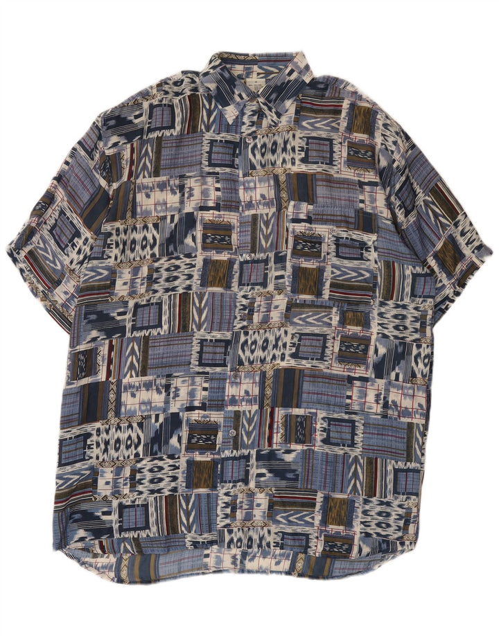 Camisa vintage de manga corta para hombre IT 48 Seda patchwork azul medio