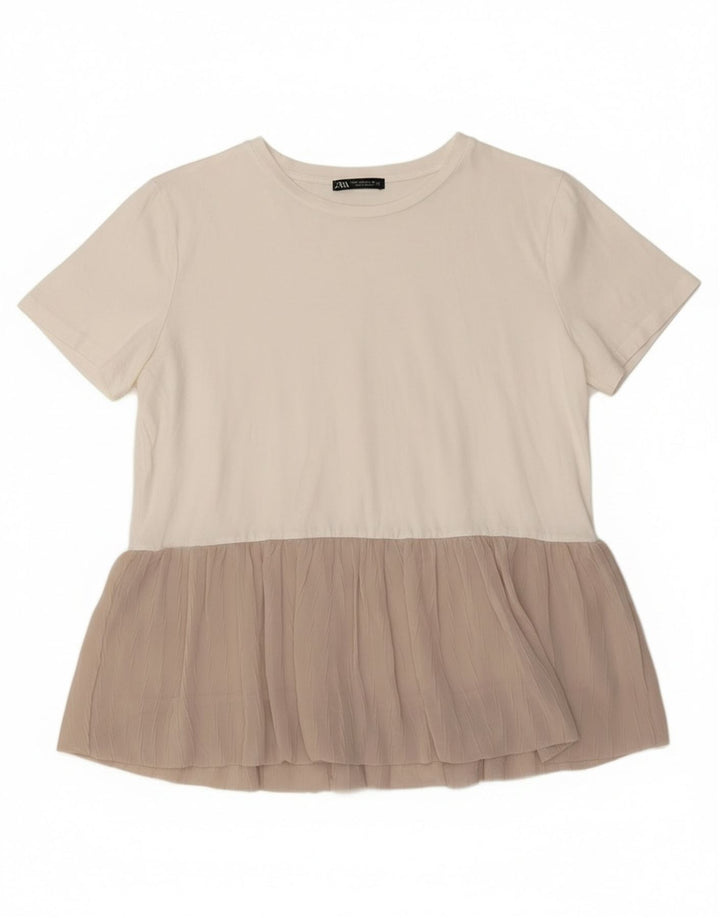 ZARA Mujer Blusa Top UK 44 Medio Blanco Colorblock