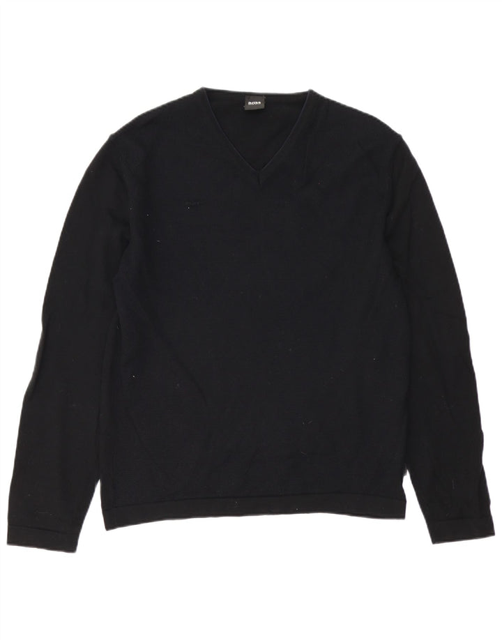 HUGO BOSS Hombre | Jersey con cuello en V de lana virgen negro mediano