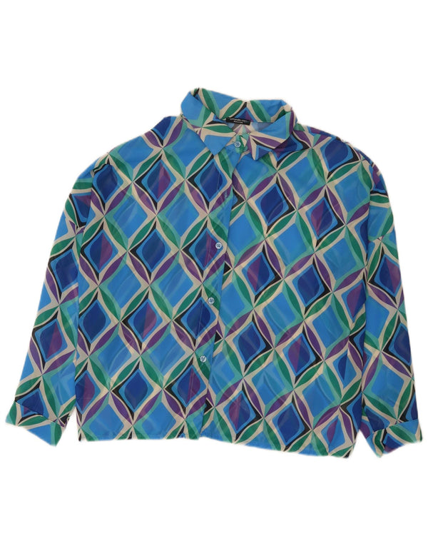 Vintage mujer 3/4 manga camisa blusa Reino Unido 16 poliéster geométrico azul grande