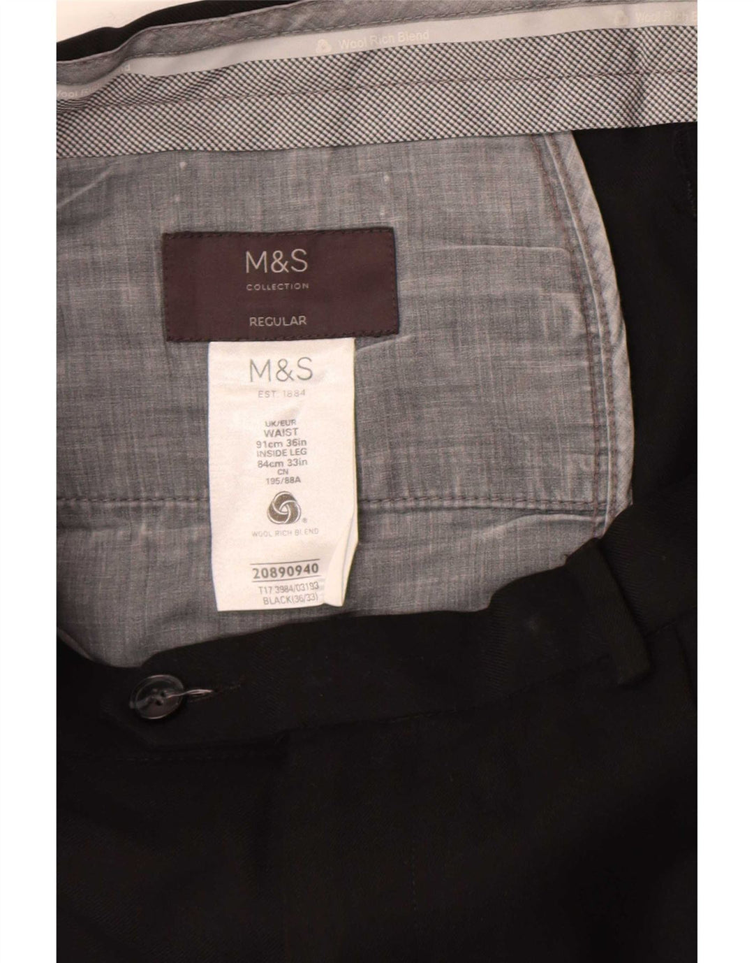Marks & Spencer Pantalón de traje de corte regular para hombre W36 L33 Lana negra