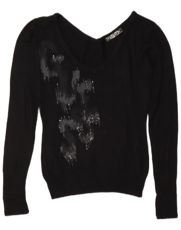 Guess Suéter gráfico con cuello en V para mujer UK 10 Small Viscosa negra